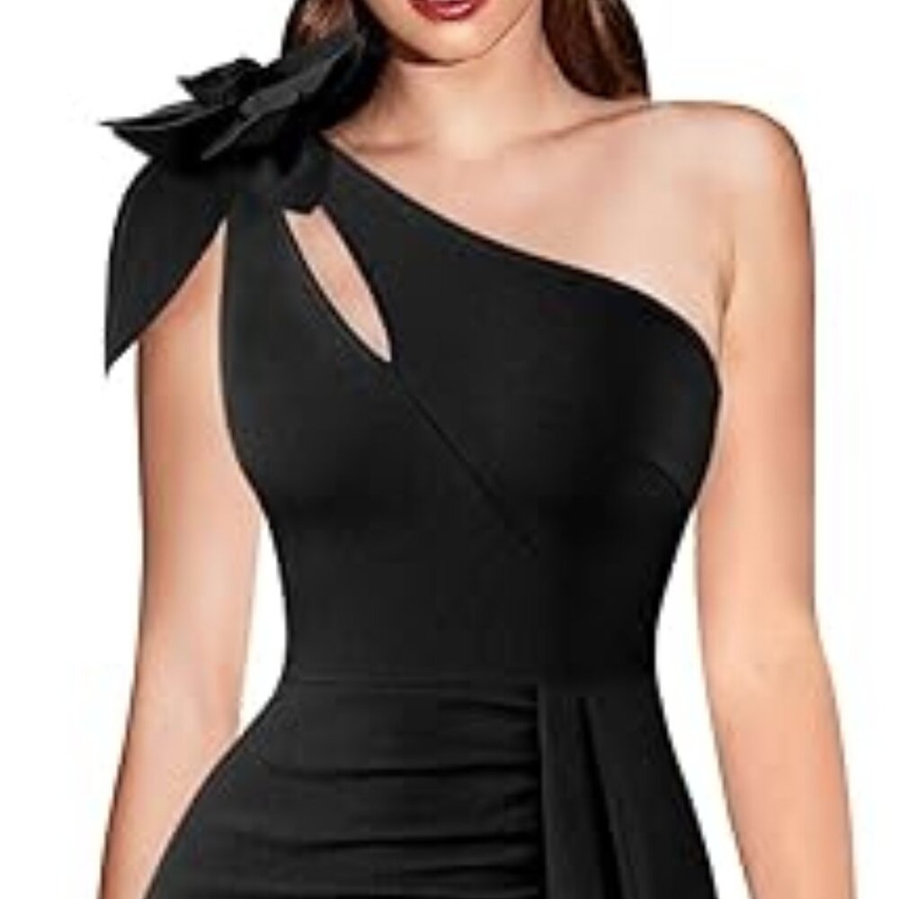 VFSHOW Womens 3D Flower One Shoulder Ruched Prom Formal Wedding Guest Maxi Dress